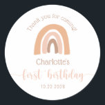 Simple Boho Rainbow Pink Pastel First Birthday Classic Round Sticker<br><div class="desc">These personalized first birthday stickers will be perfect for your little ones 1st birthday.  These stickers feature a boho rainbow theme and will be a great way to seal your birthday party favour bags.  Visit my 1st birthday collection to view all coordinating items.</div>