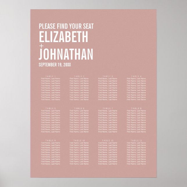 Simple Boho Rose Typography Wedding Seating Chart (Front)