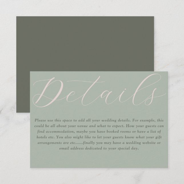 Simple Boho Sage Green Wedding Details  Enclosure Card (Front/Back)