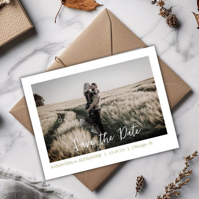 Simple Boho Save Our Date Olive Photo Postcard (Creator Uploaded)
