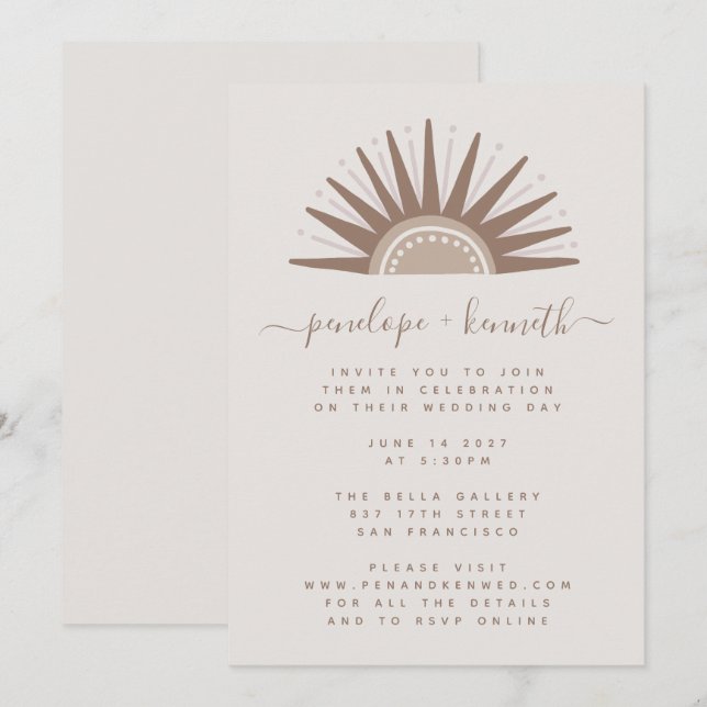 Simple Boho Sun Brown and Taupe Wedding Invitation (Front/Back)