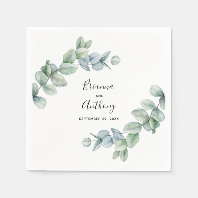 Simple Boho Watercolor Eucalyptus Greenery Wedding Napkin (Front)