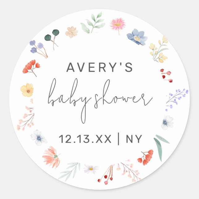 Simple Boho Wildflower Frame Baby Shower  Classic Round Sticker (Front)