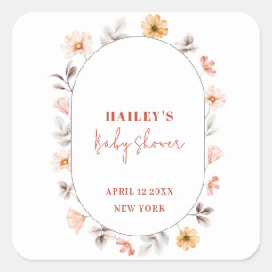 Simple Boho Wildflower Frame Baby Shower Square Sticker