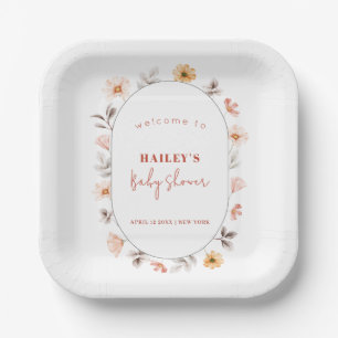 Simple Boho Wildflower Frame Welcome Baby Shower  Paper Plate