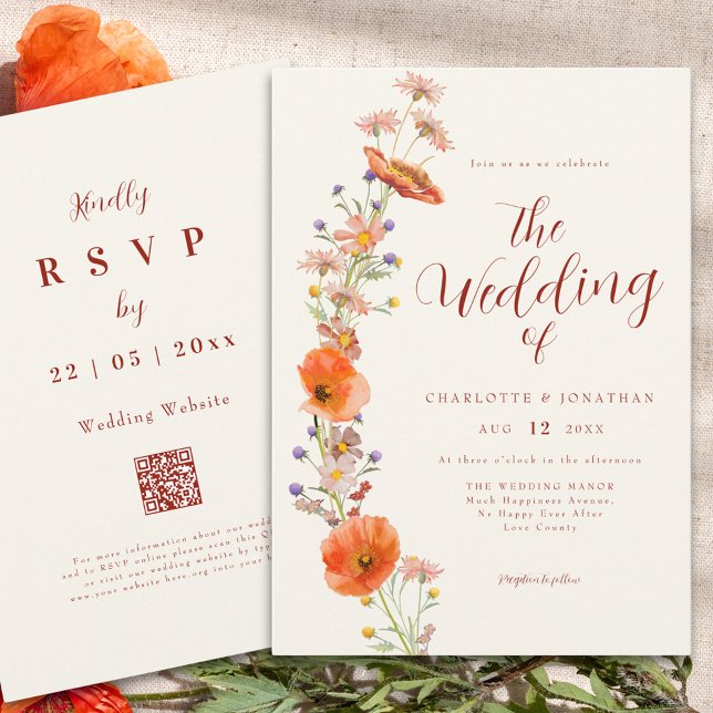 Simple Boho Wildflower QR Code Invitation (Simple wildflower fall wedding qr code invitation in earthy tones)