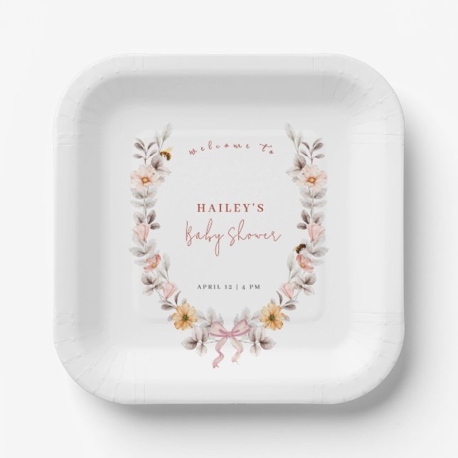 Simple Boho Wildflower Wreath Welcome Baby Shower  Paper Plate (Front)