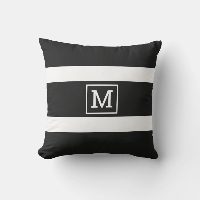 Simple Bold Black And White Stripe Monogram Outdoor Pillow (Front)