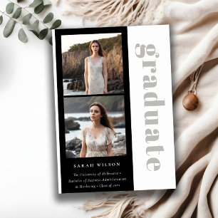 Simple Bold Black & White 2 Photo Graduation Announcement