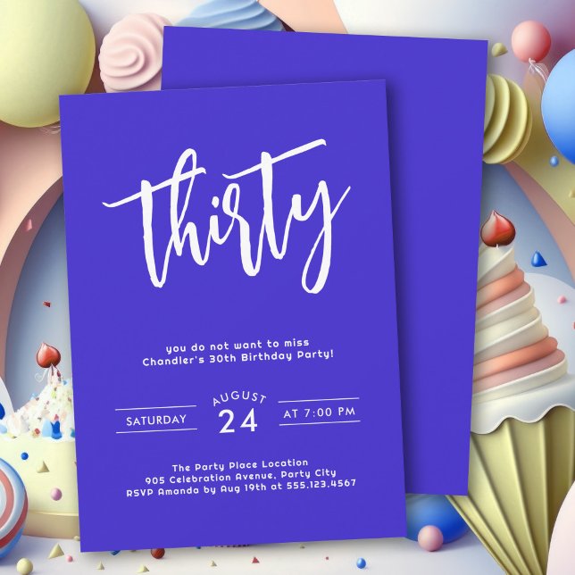 Simple Bold Blue Colourful 30th Birthday Party Invitation (A bold blue birthday party invitation to celebrate a 30th birthday with pizzazz.)