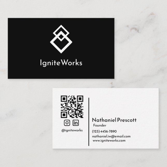 Simple Bold Moden Sleek Look Black White QR Code Business Card (Front/Back)