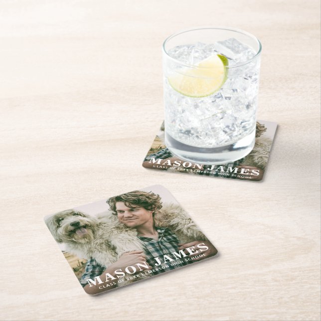 Simple Bold Name Guy Photo Graduation Square Paper Coaster (Insitu)