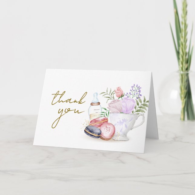 Simple Bonjour Floral Macaron Milk Tea Baby Shower Thank You Card (Front)