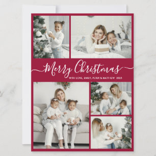 Simple Bordo White 5 Photo Collage Christmas Holid Holiday Card