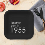 Simple Born in 1955 70th Birthday Party Black Paper Plate<br><div class="desc">Simple Born in 1955 70th Birthday Party White on Black. Simple and classy.  Easily personalise the text to your own requirements.</div>
