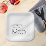 Simple Born in 1955 Black 70th Birthday Party Paper Plate<br><div class="desc">Simple Born in 1955 Black Text 70th Birthday Party. Simple elegance. Easily personalise the text to your own requirements.</div>