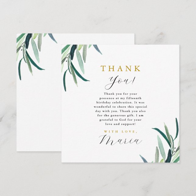 Simple Botanical 15th Birthday Thank You  Invitation (Front/Back)