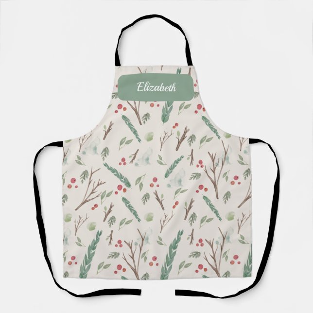 Simple Botanical Berries Christmas Pattern Ivory Apron (Front)