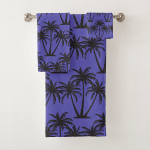 Simple Botanical Black Palm Trees on Blue Bath Towel Set