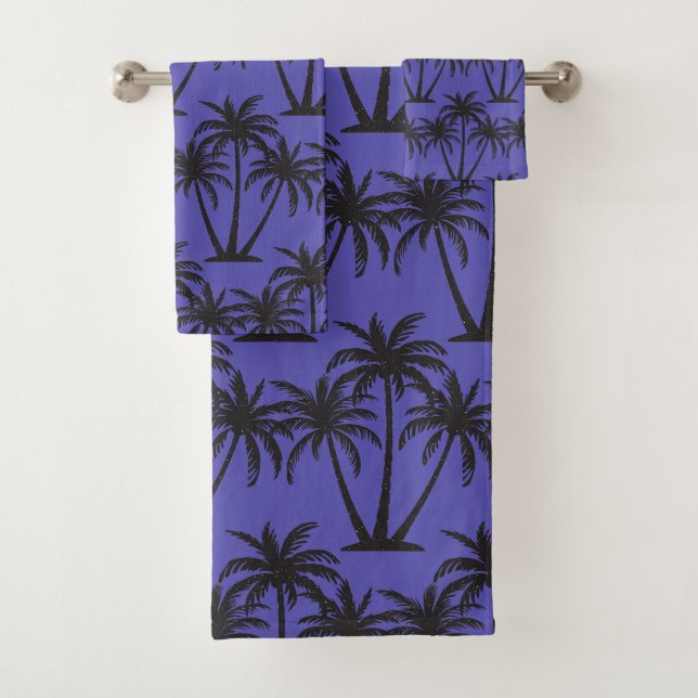 Simple Botanical Black Palm Trees on Blue Bath Towel Set (Insitu)