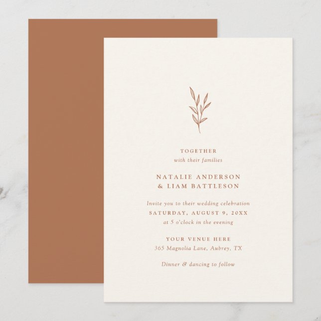 Simple Botanical Burnt Orange Wedding Invitation (Front/Back)