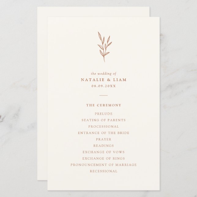 Simple Botanical Burnt Orange Wedding Program (Front/Back)