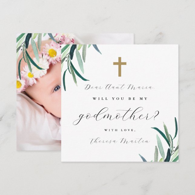Simple Botanical Cross Godmother Proposal Photo Invitation (Front/Back)