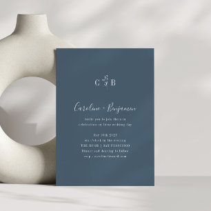 Simple Botanical Dusky Blue Monogram Boho Wedding Invitation