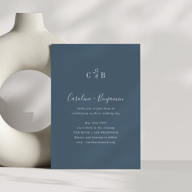Simple Botanical Dusky Blue Monogram Boho Wedding Invitation (Creator Uploaded)