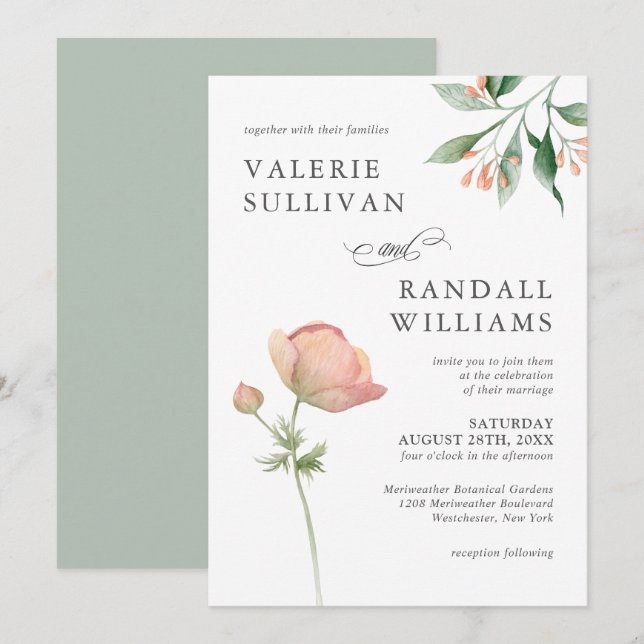 Simple Botanical Elegant Floral Wedding Invitation (Front/Back)