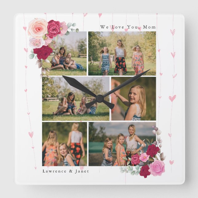 Simple Botanical Floral Mom 6 Photo Collage gifts Square Wall Clock (Front)
