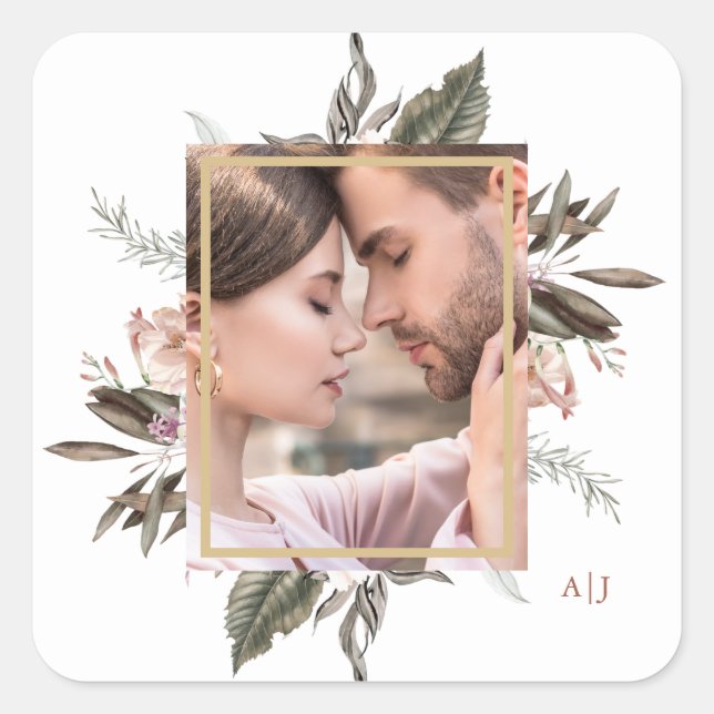 Simple Botanical Frame Photo with Monogram Square  Square Sticker (Front)
