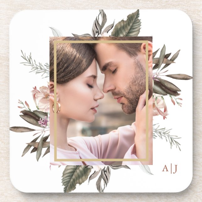 Simple Botanical Framed Photo with Monogram Coaster (Front)