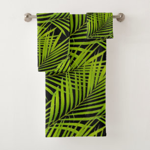 Simple Botanical Green Palm Leaves on Black Bath Towel Set