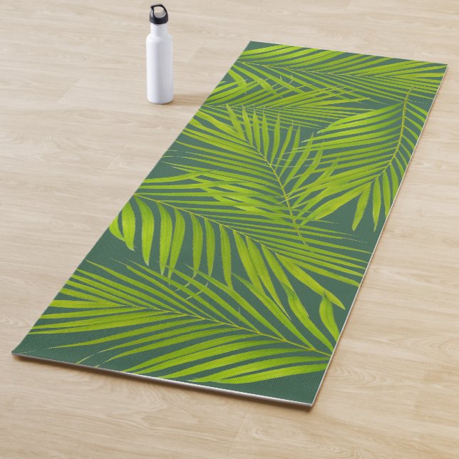 Simple Botanical Green Palm Leaves on Green Yoga Mat (In Situ)