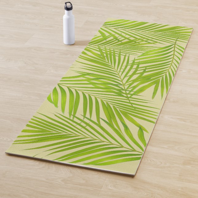 Simple Botanical Green Palm Leaves on Light Beige Yoga Mat (In Situ)