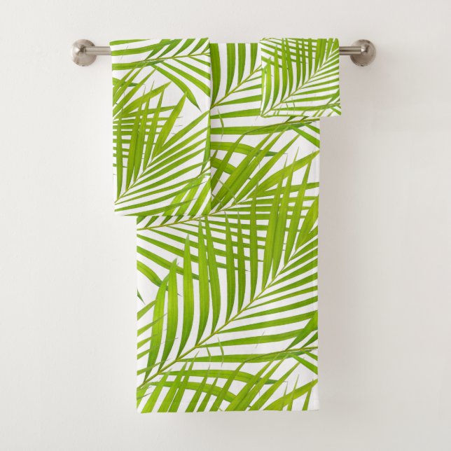 Simple Botanical Green Palm Leaves on White Bath Towel Set (Insitu)