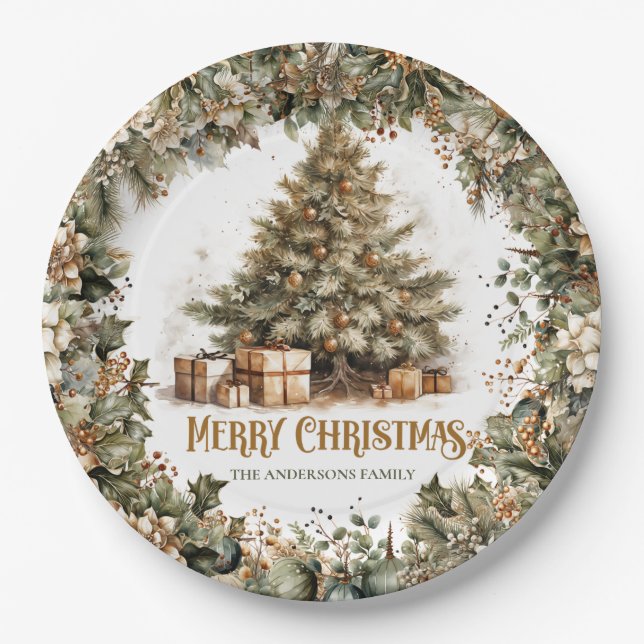Simple botanical green wreath gold Christmas tree Paper Plate (Front)