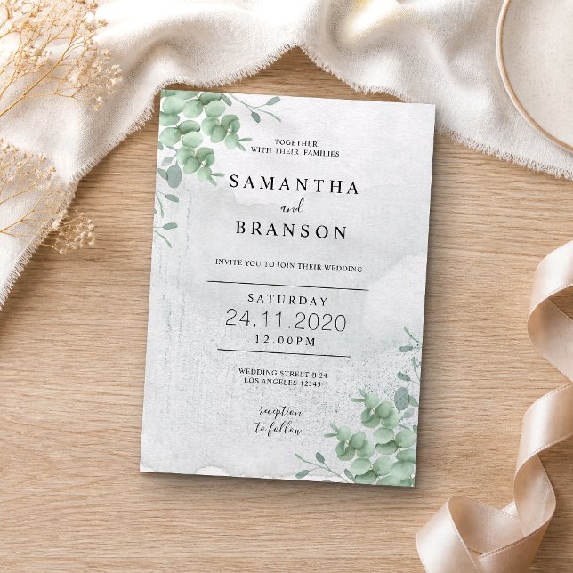 Simple Botanical Greenery Leaves Wreath Eucalyptus Invitation (Creator Uploaded)