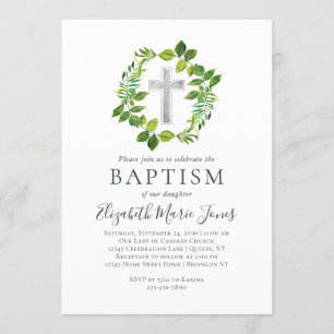 Simple Botanical Greenery Wreath Cross Baptism Invitation