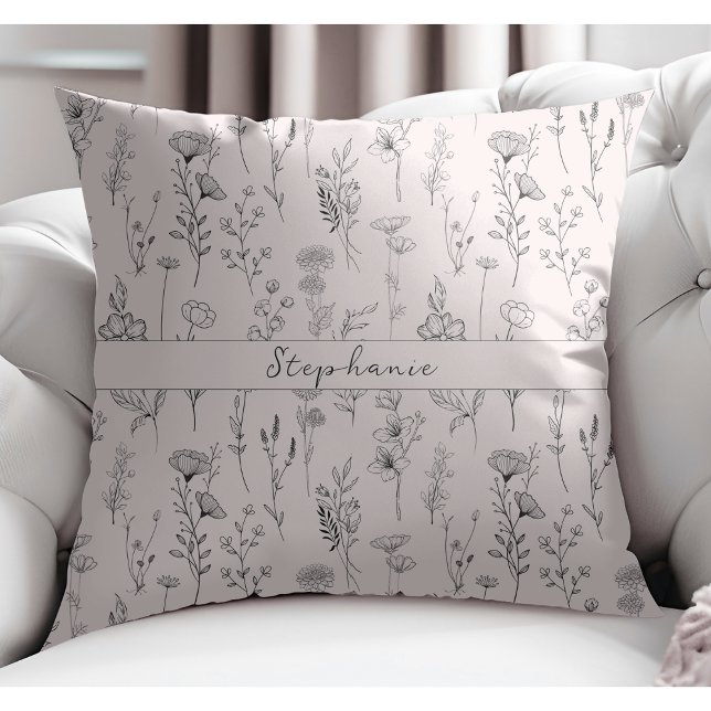 Simple Botanical Hand Drawn Floral Blush Pink Throw Pillow (Creator Uploaded)