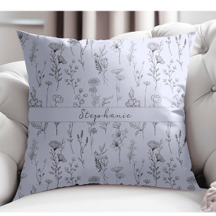 Simple Botanical Hand Drawn Floral Light Blue Throw Pillow
