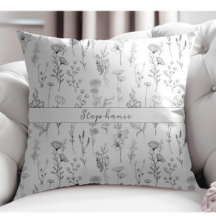 Simple Botanical Hand Drawn Floral White Throw Pillow