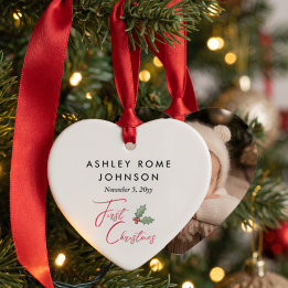 Simple Botanical Holly Baby First Christmas Photo Ceramic Ornament