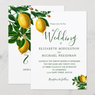 Simple Botanical Lemons Green  Monogram Elegant Invitation