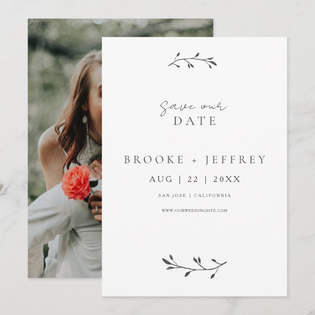 Simple Botanical Modern Minimal Photo Wedding Save The Date (Front/Back)