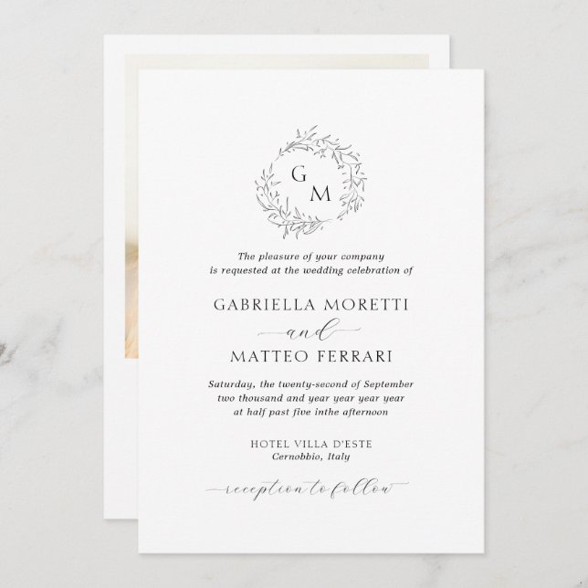 Simple Botanical Monogram Wedding Invite with RSVP (Front/Back)