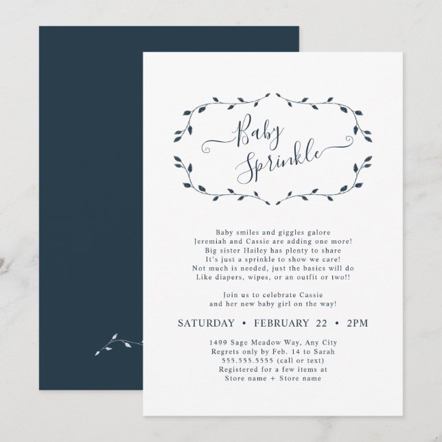 Simple Botanical Navy Baby Sprinkle  Invitation (Front/Back)