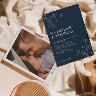 Simple Botanical Navy Blue Photo Wedding Invitation