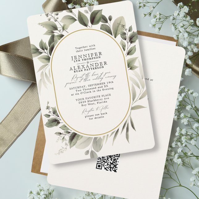 Simple Botanical RSVP QR Code Ivory Cream Wedding Invitation (Creator Uploaded)
